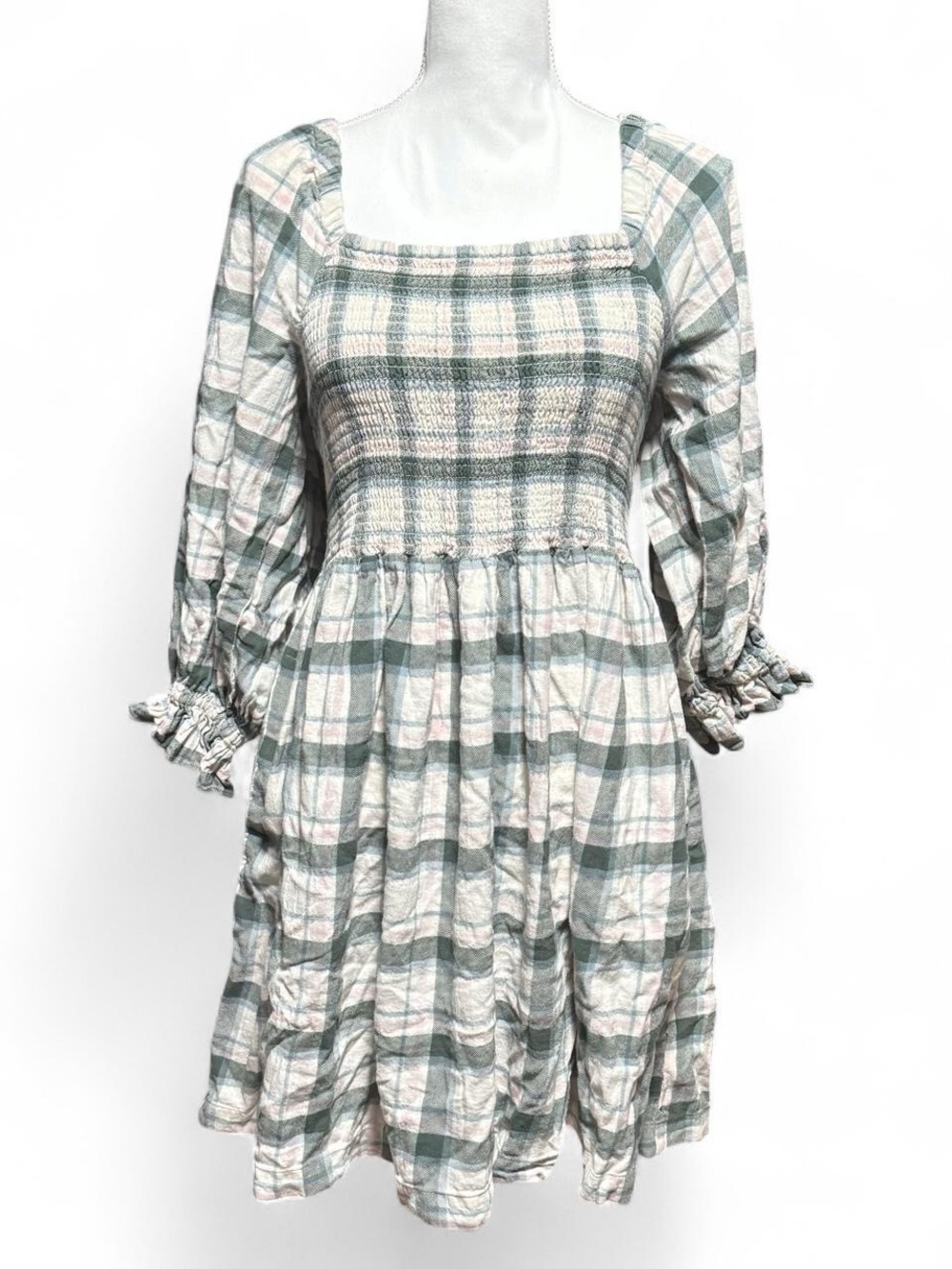 Madewell Smocked Plaid Square-Neck Mini Dress in Sage and Cream Size XL